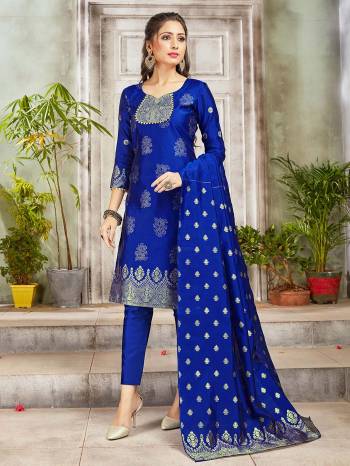 Grab This Pretty Designer Straight Suit In Royal Blue Color. Its Top, Bottom And Dupatta Are Fabricated On Banarasi Art Silk Beautified With Weave. Its Fabric and Color Gives A Rich Look To Your Perosnality. 