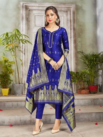 Celebrate This Festive Season Wearing this Designer Straight Suit In Royal Blue Color. Its Top, Bottom And Dupatta Are Fabricated Banarasi Art Silk Beautified With Weave. Buy This  Suit Now.