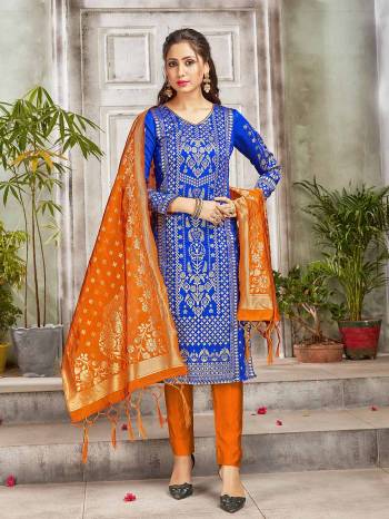 Grab This Pretty Designer Straight Suit In Royal Blue and Orange Color. Its Top, Bottom And Dupatta Are Fabricated On Banarasi Art Silk Beautified With Weave. Its Fabric and Color Gives A Rich Look To Your Perosnality. 