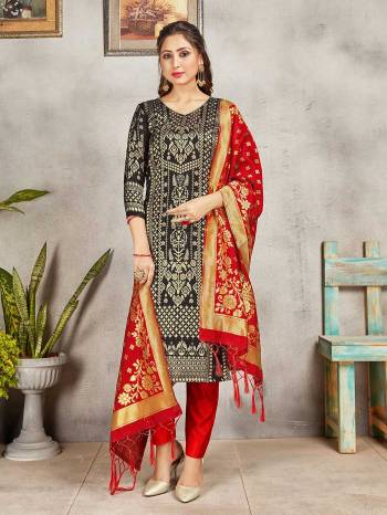 Celebrate This Festive Season Wearing this Designer Straight Suit In Black And Red Color. Its Top, Bottom And Dupatta Are Fabricated Banarasi Art Silk Beautified With Weave. Buy This  Suit Now.