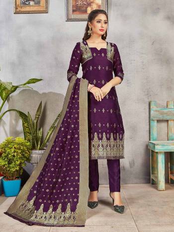 Grab This Pretty Designer Straight Suit In Purple. Its Top, Bottom And Dupatta Are Fabricated On Banarasi Art Silk Beautified With Weave. Its Fabric and Color Gives A Rich Look To Your Perosnality. 