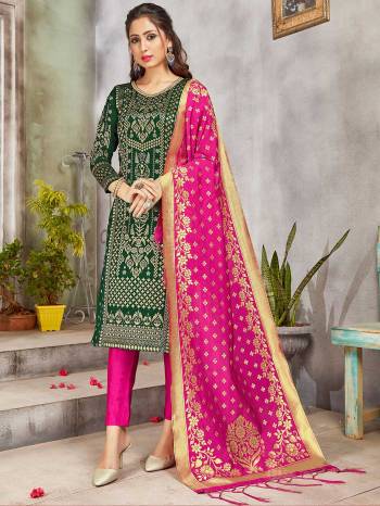 Grab This Pretty Designer Straight Suit In Dark Green And Rani Pink. Its Top, Bottom And Dupatta Are Fabricated On Banarasi Art Silk Beautified With Weave. Its Fabric and Color Gives A Rich Look To Your Perosnality. 