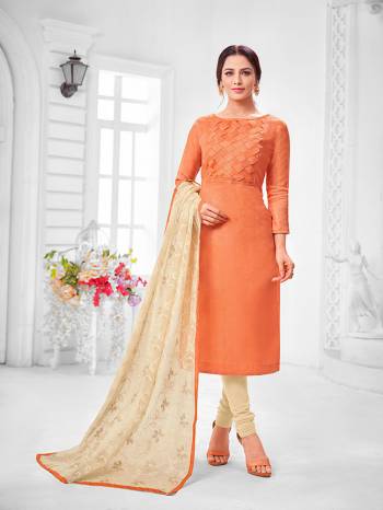 You Will Definitely Earn Lots Of Compliments Wearing This Designer?Straight Suit In Orange Colored Top Paired With Cream Colored Bottom And Dupatta. Its Top Is Fancy Fabric Based Paired With Cotton Bottom and Chiffon Fabricated Dupatta