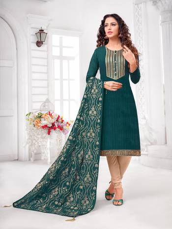 Grab This Designer Straight Suit For Your Semi-Casual Wear In Teal Blue Colored Top and Dupatta Paired With Cream Colored Bottom. Its Top and Dupatta Are Art Silk Based Paired With Cotton Bottom.