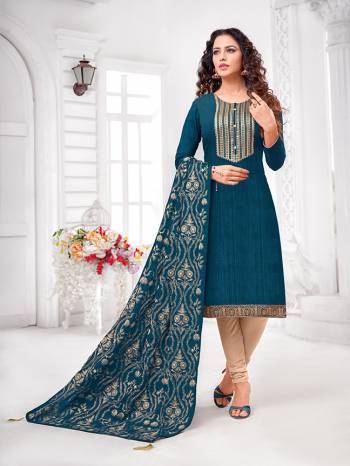 Grab This Designer Straight Suit For Your Semi-Casual Wear In Blue Colored Top and Dupatta Paired With Cream Colored Bottom. Its Top and Dupatta Are Art Silk Based Paired With Cotton Bottom.