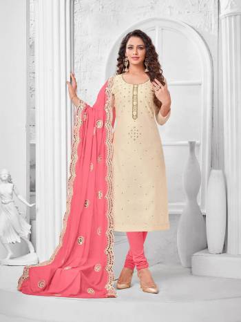 Here Is A Pretty Designer Straight Suit In Cream Color Paired With Contrasting Pink Colored Bottom and Dupatta. Its Top Is Modal Silk Based Paired With Cotton Bottom and Chiffon Dupatta. All Its Fabrics Are Light Weight And Easy To Carry All Day Long