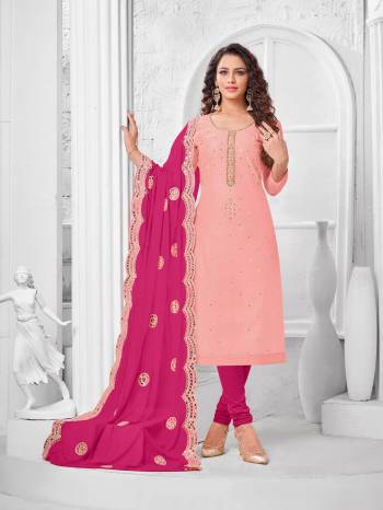 Here Is A Pretty Designer Straight Suit In Baby Pink Color Paired With Dark Pink Colored Bottom and Dupatta. Its Top Is Modal Silk Based Paired With Cotton Bottom and Chiffon Dupatta. All Its Fabrics Are Light Weight And Easy To Carry All Day Long