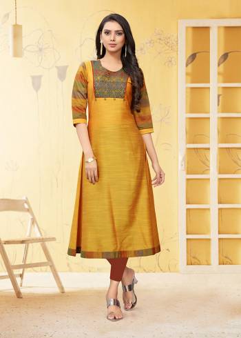 For Your Semi-Casual Wear, Grab This Straight Cut Readymade Kurti In Yellow Color Fabricated On Viscose Slub. This Kurti Is Beautified With Thread Work. It Is Light Weight And Easy To Carry All Day Long. 