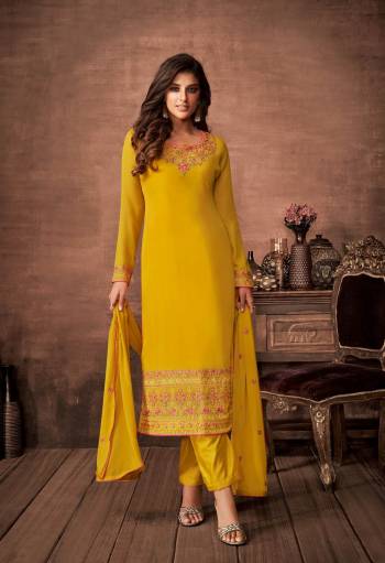 Here Is A Very Pretty Designer Straight Suit In Yellow Color. Its Embroidered Top and Dupatta Are Fabricated On Georgette Paired with Santoon Fabricated Bottom. Its Fabrics Are Soft Towards Skin And Esnures Superb Comfort All Day Long. 