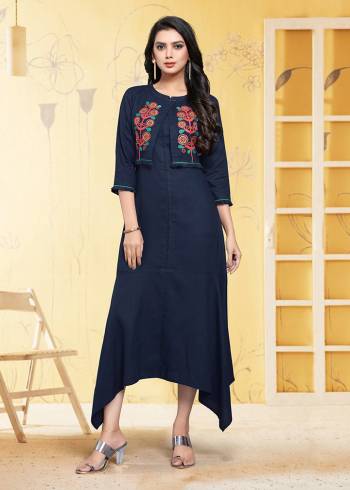 Grab This Readymade Kurti In Navy Blue Which Is Suitable For The Upcoming Festive Season. This Pretty Kurti Is Fabricated On Linen Beautified With Thread Work. It Is Light Weight and Available In All Regular Sizes. 