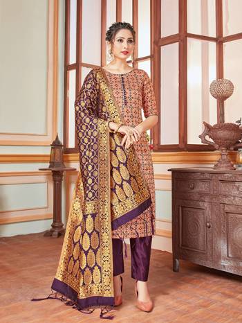 Here Is A Rich And Elegant Looking Silk Based Straight Suit In Beige Colored Top Paired With Contrasting Purple Colored Bottom And Dupatta. Its Top, Bottom And Dupatta Are Fabricated On Banarasi Silk Beautified With Heavy Detailed Weave.