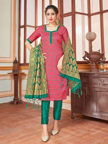 Here Is A Rich And Elegant Looking Silk Based Straight Suit In Dark Pink Colored Top Paired With Contrasting Sea Green Colored Bottom And Dupatta. Its Top, Bottom And Dupatta Are Fabricated On Banarasi Silk Beautified With Heavy Detailed Weave.