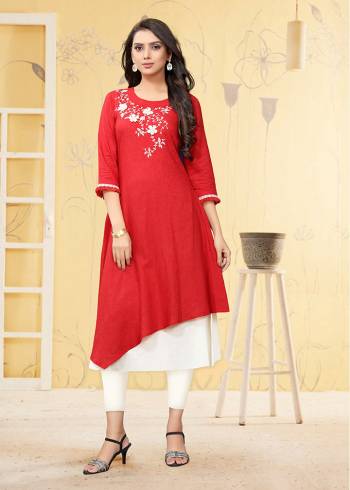 Add This Pretty Readymade Kurti To Your Wardrobe In Red Color. This Kurti Is Fabricated On Linen Beautified With Thread Work. 