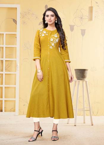 Grab This Readymade Kurti In Musturd Yellow Which Is Suitable For The Upcoming Festive Season. This Pretty Kurti Is Fabricated On Linen Beautified With Thread Work. It Is Light Weight and Available In All Regular Sizes. 