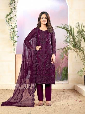 Grab This Very Pretty Designer Straight Suit In Purple Color Which Is Suitable For The Upcoming Wedding And Festive Season. Its Top And Dupatta Are Fabricated On Net Beautified With Elegant Tone To Tone Embroidery Paired With Santoon Bottom. 