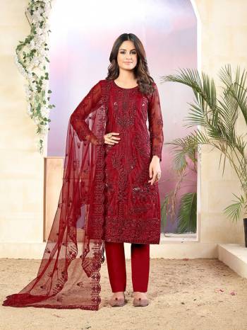 Grab This Very Pretty Designer Straight Suit In Red Color Which Is Suitable For The Upcoming Wedding And Festive Season. Its Top And Dupatta Are Fabricated On Net Beautified With Elegant Tone To Tone Embroidery Paired With Santoon Bottom. 