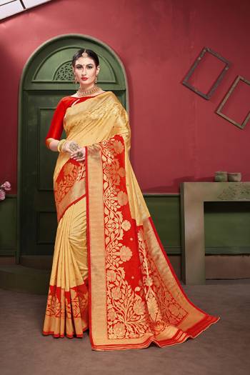 Adorn A Royal Traditional Look Wearing This Designer Silk Based saree In Cream And Red color. This Saree IS Fabricated On Banarasi Art Silk Paired With Art Silk Fabricated blouse. It Is Beautified With Rich Weave All Over. 