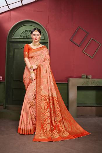 Adorn A Royal Traditional Look Wearing This Designer Silk Based saree In Peach And Orange color. This Saree IS Fabricated On Banarasi Art Silk Paired With Art Silk Fabricated blouse. It Is Beautified With Rich Weave All Over. 