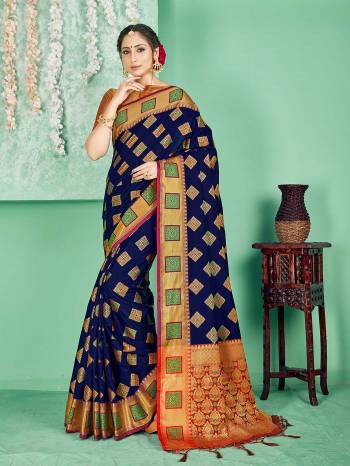 Celebrate This Festive Season Wearing This Saree In Royal Blue Color Paired With Contrasting Red Colored Blouse. This Saree And Blouse Are Fabricated On Banarasi Art Silk Beautified With Weave. Buy Now.