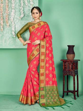 Celebrate This Festive Season Wearing This Saree In Pink Color Paired With Contrasting Green Colored Blouse. This Saree And Blouse Are Fabricated On Banarasi Art Silk Beautified With Weave. Buy Now.