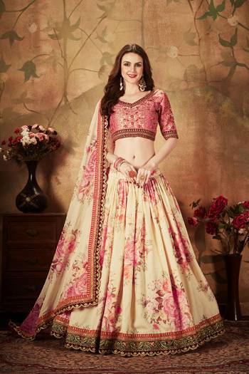 Get Ready For The Upcoming Wedding Season With This Beautiful Designer Lehenga Choli In Pink Colored Blouse Paired with Contrasting Cream Colored Lehenga And Dupatta. Its Pretty Embroidred Blouse Is Fabricated On Art Silk Paired with Orgenza Fabricated Printed Lehenga and Dupatta. 