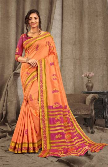 Look Beautiful Wearing This Rich Designer Saree In Dark Peach Color Paired With Contrasting Magenta Pink Colored Blouse. This Saree And Blouse Are Fabricated On Cotton Handloom Beautified With Weave. Buy Now.