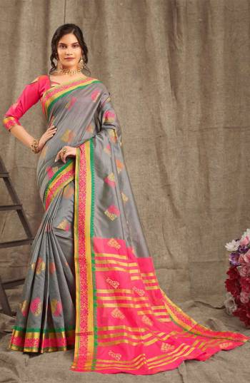 Look Beautiful Wearing This Rich Designer Saree In Grey Color Paired With Contrasting Dark Pink Colored Blouse. This Saree And Blouse Are Fabricated On Cotton Handloom Beautified With Weave. Buy Now.