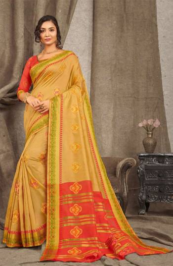 Look Beautiful Wearing This Rich Designer Saree In Beige Color Paired With Contrasting Red Colored Blouse. This Saree And Blouse Are Fabricated On Cotton Handloom Beautified With Weave. Buy Now.