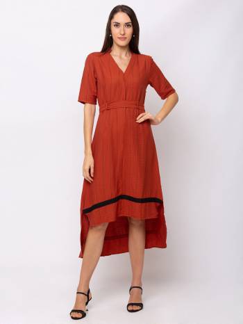 Here Is A Lovely High Low Patterned Readymade One-Piece Dress In Rust Orange Color. This Dress Is Viscose Based Which Is Light Weight, Durable And Easy To Carry All Day Long. 