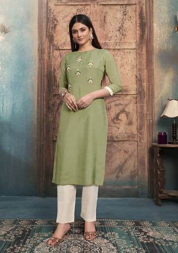 Grab This Designer Readymade Pair Of Kurti In Light Green Color Paired With Off-White Colored Bottom. Its top Is Fabricated On Muslin Paired With Mal Cotton Fabricated bottom. Both Its Fabrics Are Light Weight , Durable And Easy To Carry All Day Long. 