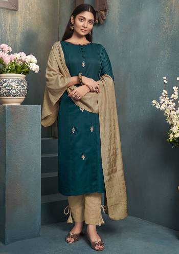 Be Ready For This Festive Season With This Readymade Straight Kurti In Teal Blue Color Paired With Beige Colored Dupatta. This Kurti Is Art Silk Based Paired With Linen Silk Dupatta. 