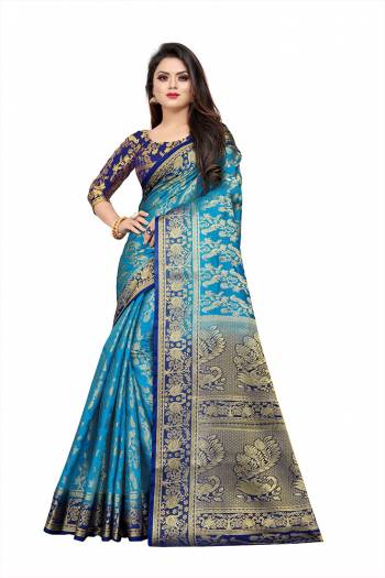 Grab This Beautiful Designer Weaved Saree In Blue color Paired With Royal Blue Colored Blouse. This Saree And Blouse Are Fabricated On Art Silk Which Also Gives A Rich Look To Your Personality. 