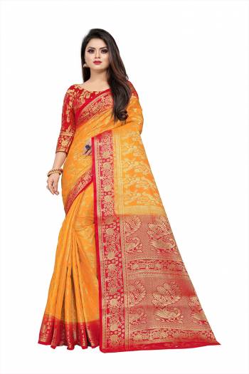 Celebrate This Festive Season In A Proper Traditonal Look Wearing This Silk Based Saree In Musturd Yellow Color Paired With Red Colored Blouse. This Saree And Blouse Are Fabricated On Art Silk Beautified with Weave. 