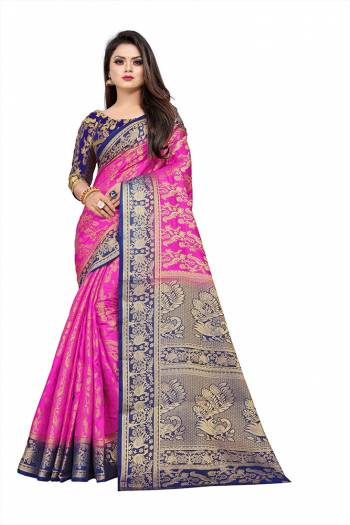 Grab This Beautiful Designer Weaved Saree In Rani Pink color Paired With Royal Blue Colored Blouse. This Saree And Blouse Are Fabricated On Art Silk Which Also Gives A Rich Look To Your Personality. 