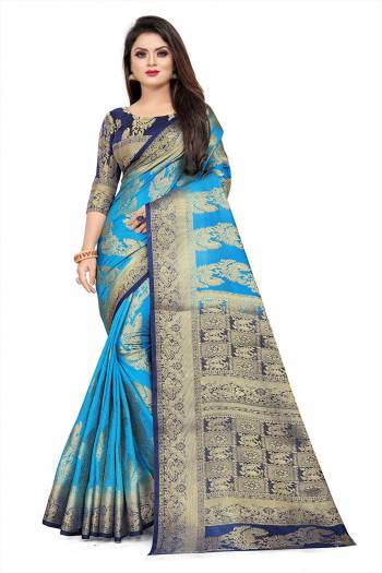 Grab This Beautiful Designer Weaved Saree In Blue color Paired With Royal Blue Colored Blouse. This Saree And Blouse Are Fabricated On Art Silk Which Also Gives A Rich Look To Your Personality. 