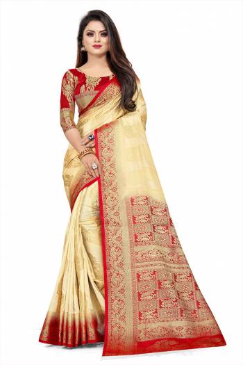 Grab This Beautiful Designer Weaved Saree In Cream color Paired With Red Colored Blouse. This Saree And Blouse Are Fabricated On Art Silk Which Also Gives A Rich Look To Your Personality. 