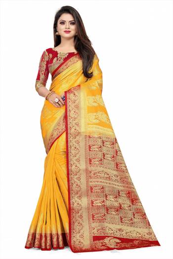 Celebrate This Festive Season In A Proper Traditonal Look Wearing This Silk Based Saree In Musturd Yellow Color Paired With Red Colored Blouse. This Saree And Blouse Are Fabricated On Art Silk Beautified with Weave. 