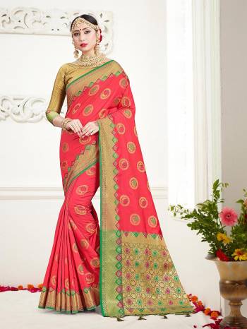 Look Beautiful Wearing This Rich Designer Saree In Pink Color Paired With Golden Colored Blouse. This Saree And Blouse Are Fabricated On Banarasi Art Silk Beautified With Weave. Buy Now