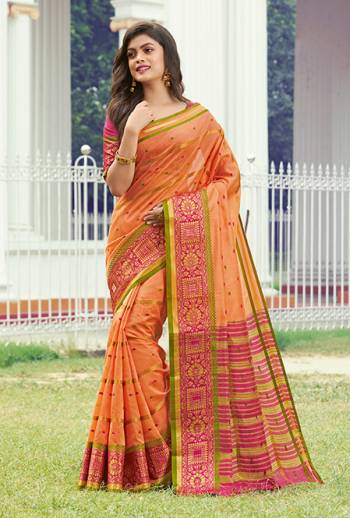 Simple And Elegant Looking Silk Based saree Is Here In Peach Color Paired With Dark Pink Colored Blouse. This Saree and Blouse Are Fabricated On Handloom Silk Beautified With Weave All Over. Buy Now.