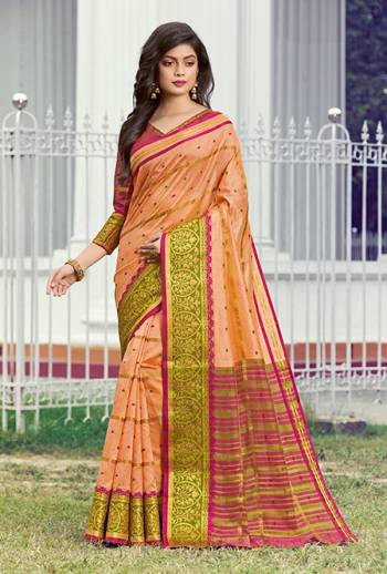 Simple And Elegant Looking Silk Based saree Is Here In Peach Color Paired With Dark Pink Colored Blouse. This Saree and Blouse Are Fabricated On Handloom Silk Beautified With Weave All Over. Buy Now.