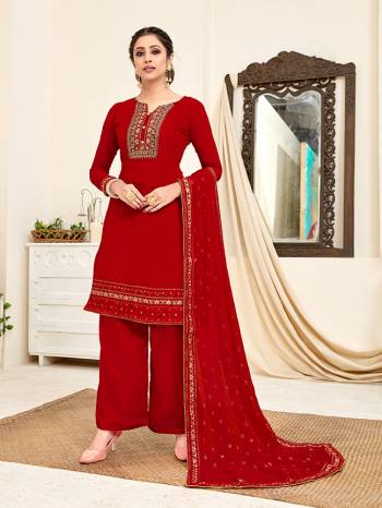 Here Is A Very Pretty Designer Straight Suit In All Over Red Color. Its Beautiful Embroidered Top And Dupatta Are Georgette Based Paired With Santoon Bottom. Buy This Pretty Suit Now.