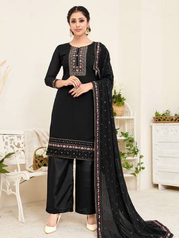 Here Is A Very Pretty Designer Straight Suit In All Over Black Color. Its Beautiful Embroidered Top And Dupatta Are Georgette Based Paired With Santoon Bottom. Buy This Pretty Suit Now.