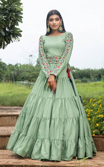 Grab This Designer Floor Length Gown In Light Green Color Fabricated On Cotton. This Pretty Gown Is Beautified With Prints, Also It Is Light In Weight And Easy To Carry All Day Long. 