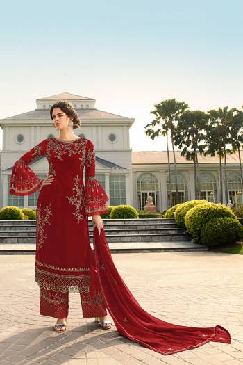 Look Beautiful Wearing This Heavy Designer Straight Suit In Red Color. This Pretty Embroidered Top And Dupatta Are Georgette Based Paired With Santoon Fabricated Embroidered Bottom. Buy This Designer Piece Now.