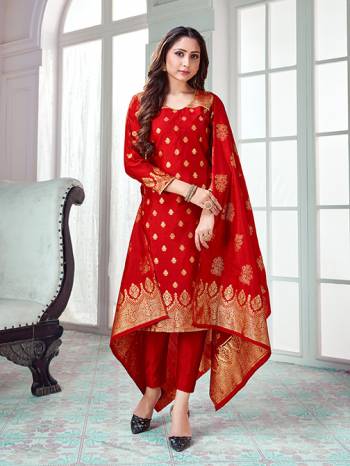 Celebrate This Festive Season In A Proper Traditional Look Wearing This Weaved Straight Suit In Red Color. This Pretty Suit Is Banarasi Silk Based Beautified With Weave. Its Fabric Gives A Rich Look To Your Personality