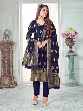 Celebrate This Festive Season In A Proper Traditional Look Wearing This Weaved Straight Suit In Navy Blue Color. This Pretty Suit Is Banarasi Silk Based Beautified With Weave. Its Fabric Gives A Rich Look To Your Personality