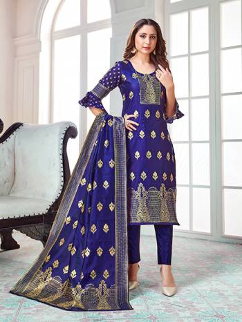 Celebrate This Festive Season In A Proper Traditional Look Wearing This Weaved Straight Suit In Royal Blue Color. This Pretty Suit Is Banarasi Silk Based Beautified With Weave. Its Fabric Gives A Rich Look To Your Personality