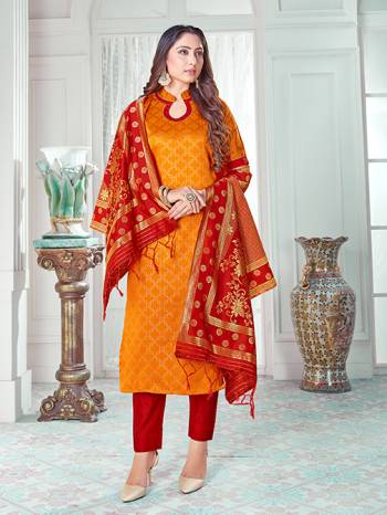 Celebrate This Festive Season In A Proper Traditional Look Wearing This Weaved Straight Suit In Musturd Yellow Colored Top Paired With Red colored Bottom And Dupatta. This Pretty Suit Is Banarasi Silk Based Beautified With Weave. Its Fabric Gives A Rich Look To Your Personality