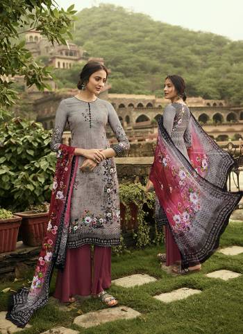 Simple And Elegant Looking Printed Dress Material Is Here In Grey And Maroon?Color. This Suit Is Crepe Based Paired With Georgette Fabricated Dupatta. It Is Beautified With Digital Prints And Embroidery.