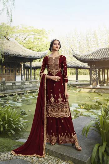 Enhance Your Personality Wearing This Heavy Designer Straight suit In Dark Maroon Color. It Pretty Embroidered Top, Bottom and Dupatta Are Fabricated On Georgette Which Is Light In Weight And Easy To Carry Throughout The Gala. 